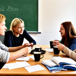 **A classroom scene depicting students in small groups, actively engaged in solving a real-world problem related to planning a "fika" (Swedish coffee break) budget. The atmosphere is collaborative and enthusiastic.**