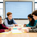A diverse group of high school students, fully clothed in modest school attire, actively engaged in a collaborative project in a bright, modern classroom. They are brainstorming ideas around a large digital display, using colorful sticky notes and design thinking tools. Some students are sketching, others are discussing animatedly. The environment is clean, well-lit, and designed for collaborative learning. Perfect anatomy, correct proportions, natural poses, well-formed hands, proper finger count, professional photography, high quality, safe for work, appropriate content, family-friendly.