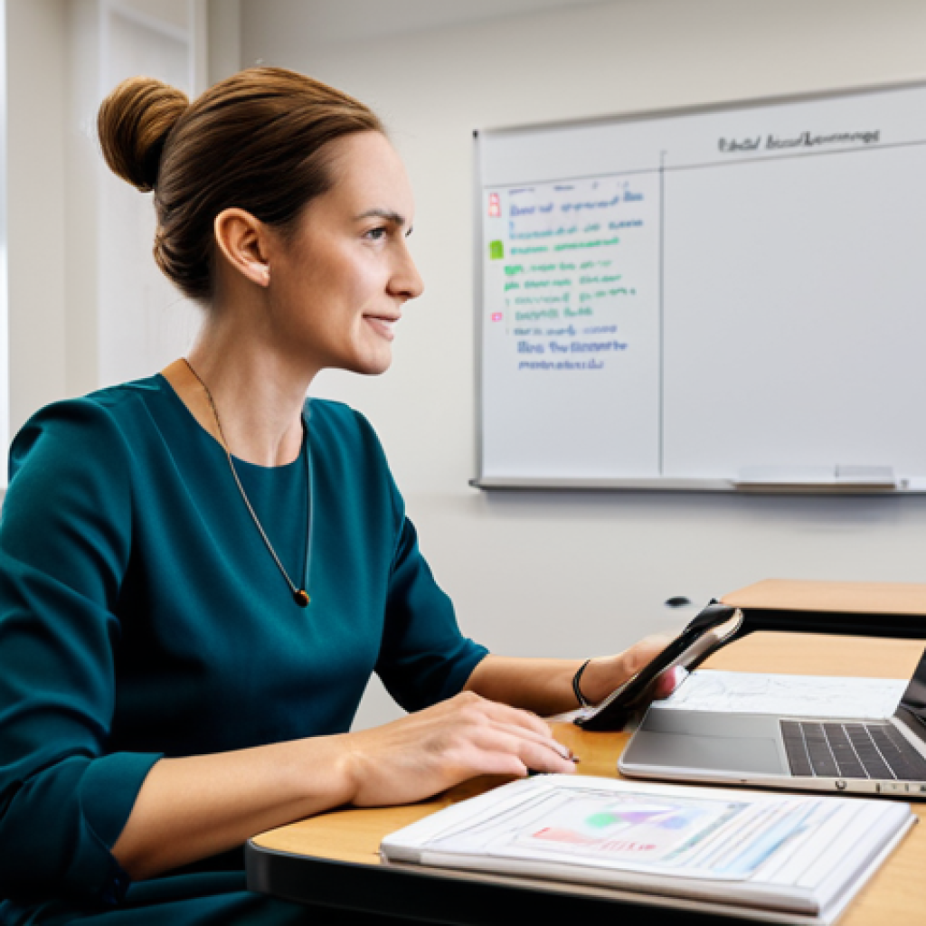 A professional female educator, fully clothed in a modest business casual outfit, sits at a clean, modern desk in a well-lit classroom. She is reviewing an educational video script on a tablet, with a laptop open displaying video editing software in the background. Whiteboards with brainstorming notes and colorful educational posters are visible. The scene has soft, professional lighting. This image emphasizes planning and engaging content creation. Perfect anatomy, correct proportions, natural pose, well-formed hands, proper finger count, natural body proportions, safe for work, appropriate content, fully clothed, professional dress, family-friendly.