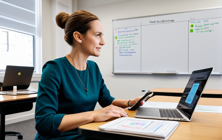 A professional female educator, fully clothed in a modest business casual outfit, sits at a clean, modern desk in a well-lit classroom. She is reviewing an educational video script on a tablet, with a laptop open displaying video editing software in the background. Whiteboards with brainstorming notes and colorful educational posters are visible. The scene has soft, professional lighting. This image emphasizes planning and engaging content creation. Perfect anatomy, correct proportions, natural pose, well-formed hands, proper finger count, natural body proportions, safe for work, appropriate content, fully clothed, professional dress, family-friendly.