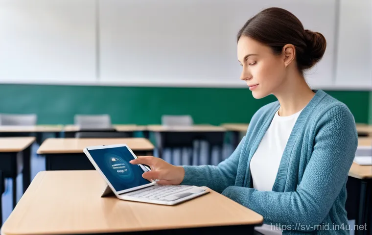 중학교 교사 스트레스 관리 - **Prompt:** A diverse middle school teacher in a modern, organized classroom or office, sitting at a...