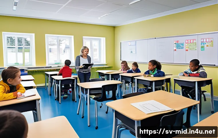 중학교 교육 데이터 활용 - A modern Swedish elementary school classroom scene showing a diverse group of students aged 10-12 ac...
