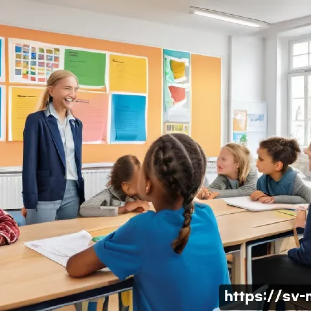 중학교 학교 폭력 예방 - A warm and inclusive Swedish classroom scene showing diverse students and teachers engaging in a gro...