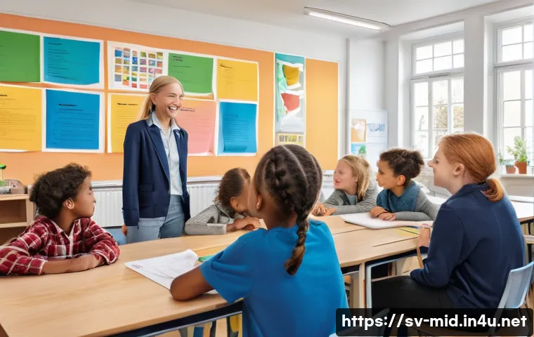 중학교 학교 폭력 예방 - A warm and inclusive Swedish classroom scene showing diverse students and teachers engaging in a gro...