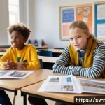 Home 22 중학교 음악 수업 활동 - A diverse group of Swedish schoolchildren aged around 10-12, working together in a bright classroom ...
