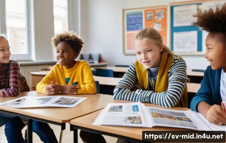 중학교 음악 수업 활동 - A diverse group of Swedish schoolchildren aged around 10-12, working together in a bright classroom ...