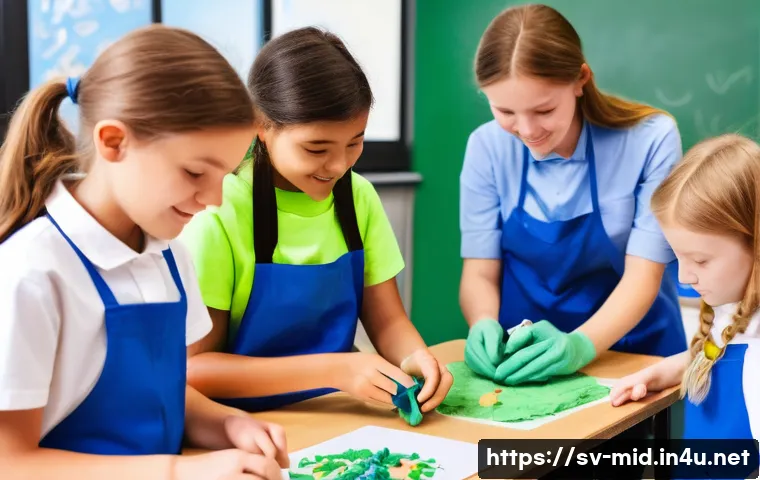 중학교 교과 연계 활동 - A bright and engaging classroom scene where Swedish students aged around 12-14 are actively creating...