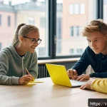 Home 19 중학교 창의적 문제 해결력 - A diverse group of Swedish teenagers collaborating in a bright, modern classroom setting, engaged in...