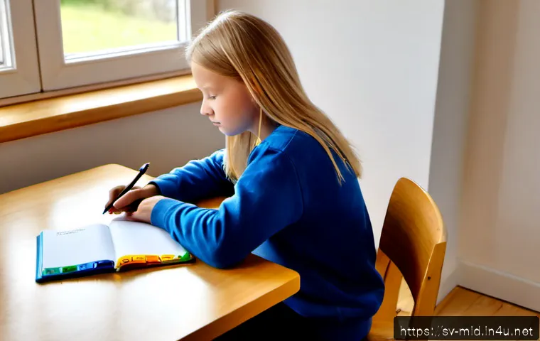 Home 17 중학교 학습 목표 설정 전략 - Photorealistic Swedish middle school student seated at a bright Scandinavian home desk, thoughtfully...